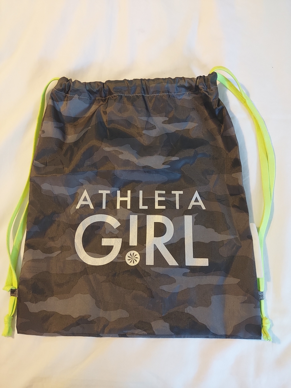 Athleta Girl Camo Drawstring Backpack in Black & Gray with Neon Yellow Straps